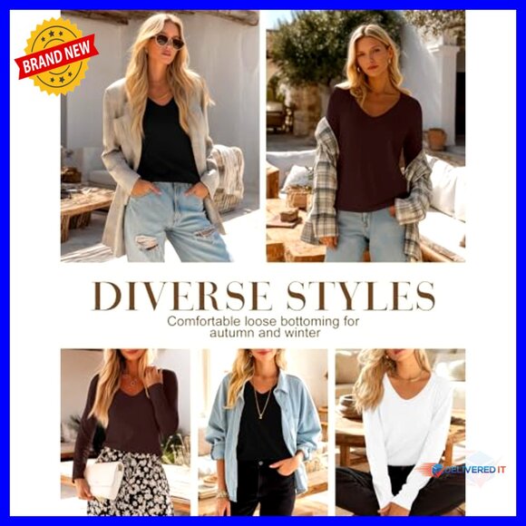 3 Pack Long Sleeve V-Neck T-Shirts Loose Fit Soft Basic Tops - Picture 3 of 7